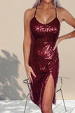 Wine Red Sequin Side Slit Cami Dress