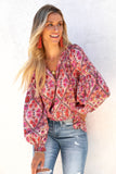 Rose Split Neckline Front Buttons Floral Print Blouse