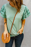 Green Hollow Out Ruffle Sleeve T-shirt