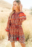 Western Pattern Print Lantern Sleeve Drawstring Mini Dress