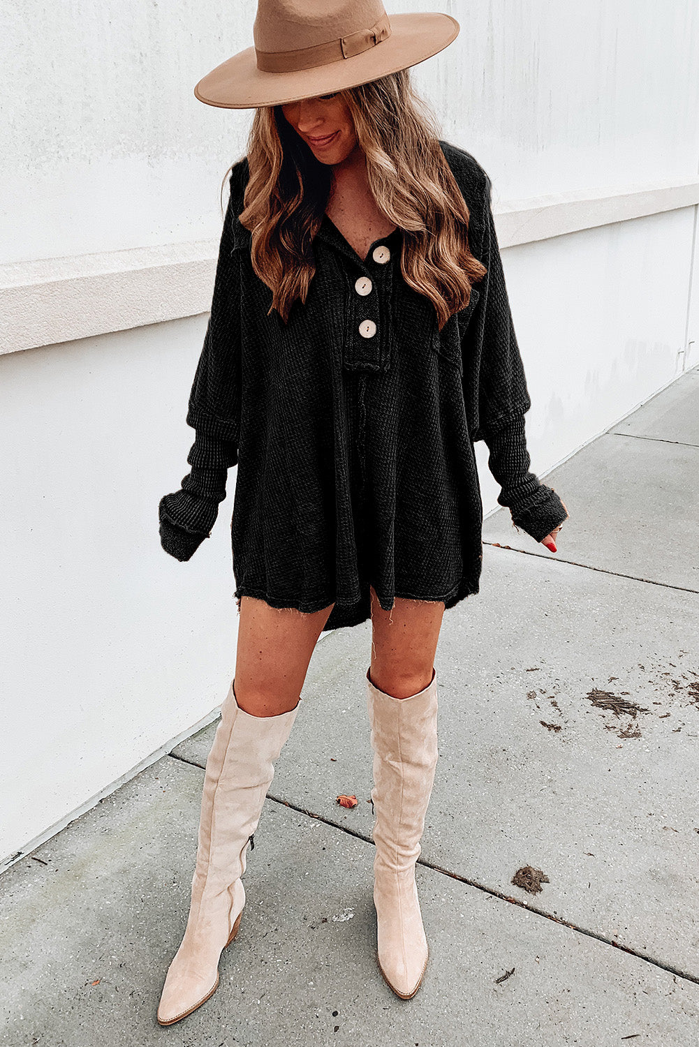 Waffle Knit Buttoned Long Sleeve Top