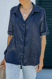 Blue Leopard Jacquard Short Sleeve Satin Blouse