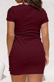 Crewneck Short Sleeve Drawstring Ruched Plus Size Bodycon Dress