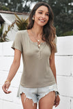 Scoop Neck Buttoned Front Ribbed Knit Short Sleeve Top