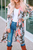 Striped Cuffs Floral Print Long Cardigan