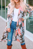 Brown Striped Cuffs Floral Print Long Cardigan