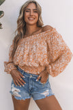 Orange Ruffled Shirred Off Shoulder Floral Top