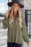 Buttoned V Neck Drop Shoulder Waffle Knit Top