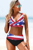 Contrast Color Block Print Wrap V Neck Lace-up Back Bikini