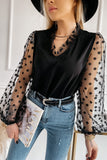 Lace Contrast V Neck Puffy Sleeve Blouse
