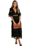 Swiss Dot Print See-through Lace Patch Layered Long Dress