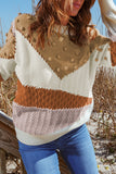 Khaki Colorblock Patchwork Pom Pom Knit Sweater