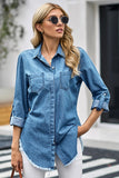 Roll up Long Sleeves Frayed Hem Denim Shirt
