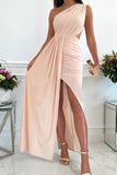 Apricot Pleated One-Shoulder Slit Maxi Evening Dress