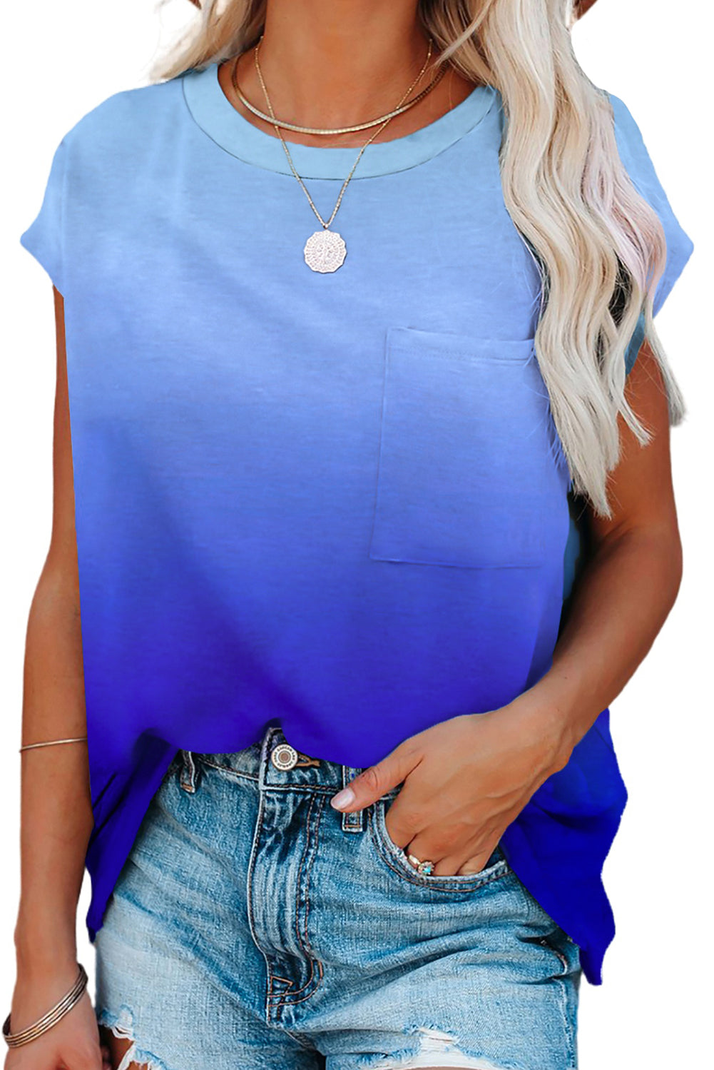 Gradient Color Short Sleeve T-Shirt with Pocket