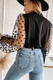 Black Lace Contrast V Neck Puffy Sleeve Blouse
