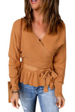 Brown Rib Knit Surplice Neck Belted Peplum Sweater