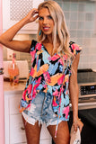 Black  Abstract Print V Neck Ruffled Tank