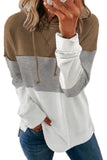 Khaki Drawstring Color Block Stripe Casual Hoodie
