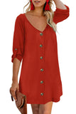 V Neck Button Front Roll up Tab Sleeve Dress
