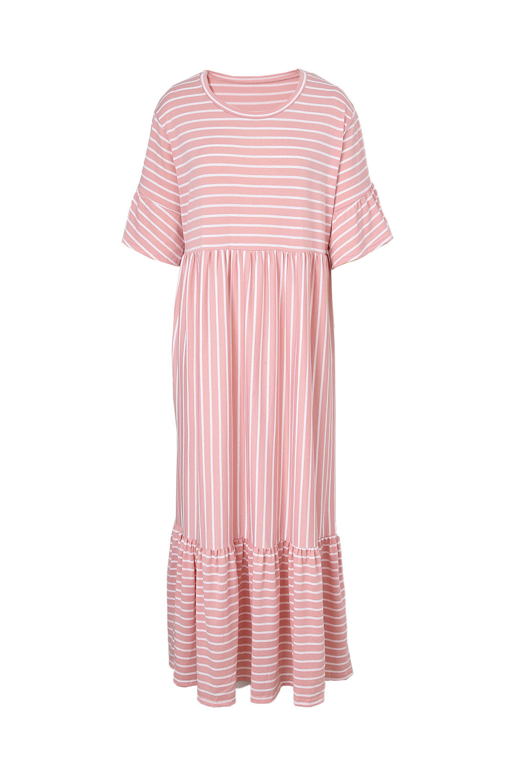 Striped Crewneck Ruffle Short Sleeve Plus Size Maxi Dress