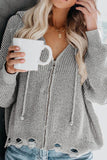 Zipper V-neck Dropped Sleeve Hooded Solid Sweater