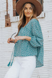 Sky Blue Floral Print Drawstring High Low V Neck Blouse