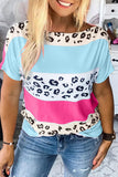 Sky Blue Leopard Color Block Short Sleeve Top