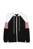 Khaki Color Block Zip Up Kangaroo Pocket Drawstring Hoodie