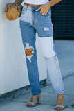 Sky Blue Colorblock Patchwork Ripped Hole Crop Straight Jeans