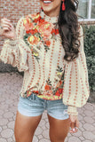 Crewneck Floral Printed Balloon Sleeves Blouse