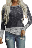 Rhinestone Beading Striped Patchwork Long Sleeve Top