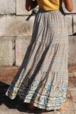 Boho Floral Print Elastic High Waist Pleated A Line Maxi Skirt