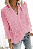 Lace Ruffed 3/4 Sleeve V Neck Shirt