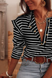 Striped Print Ruffled Buttoned Long Sleeve Top