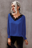 V Neck Lace Patchwork Green Blouse