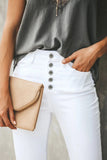 Plain High Waist Buttons Frayed Cropped Denim Jeans