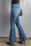 Sky Blue High Waist Raw Hem Button Ripped Flare Jeans