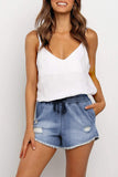 Elastic Waist Distressed Raw Hem Denim Shorts