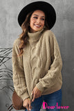 Khaki Solid Turtleneck Cable Knit Pullover Sweater