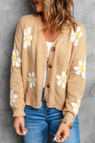 Khaki Daisy Pattern Knit Button Front Cardigan