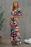 Turquoise Roses Print Off-the-shoulder Maxi Dress