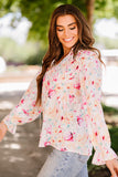 Multicolor Floral String Tie V Neck Ruffle Blouse