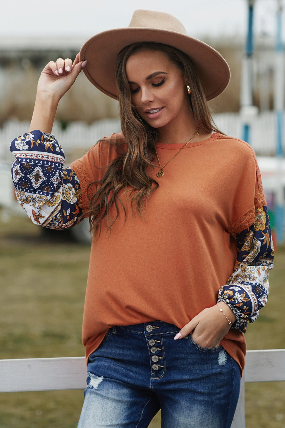 Boho Floral Print Balloon Sleeve Top with Lace Details