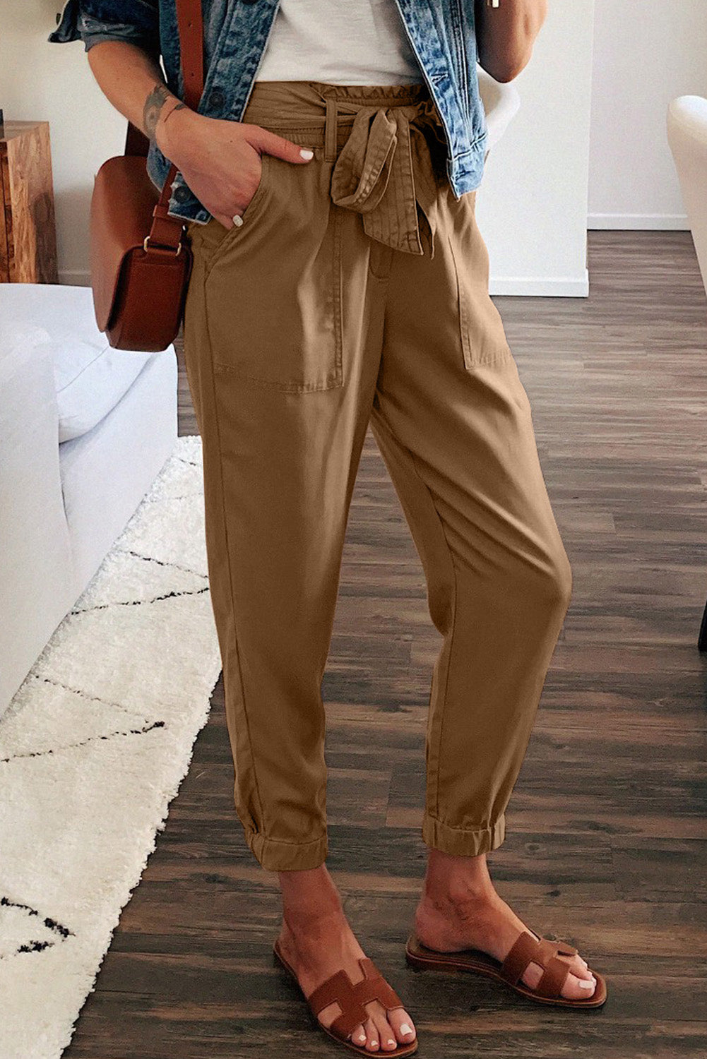 Solid Color Frock-style Pants with Belt
