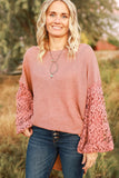 Pink Lace Patchwork Waffle Knit Balloon Sleeve Blouse