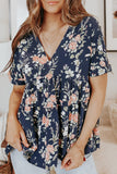 Blue V Neck Floral Tiered Babydoll Top