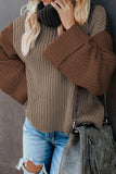 Khaki Long Sleeve Turtleneck Color Block Pullover Knit Sweater
