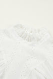 Frilled High Neck Eyelet Pattern Puff Sleeve Top