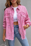 Distressed Flap Pockets Raw Edge Denim Shacket